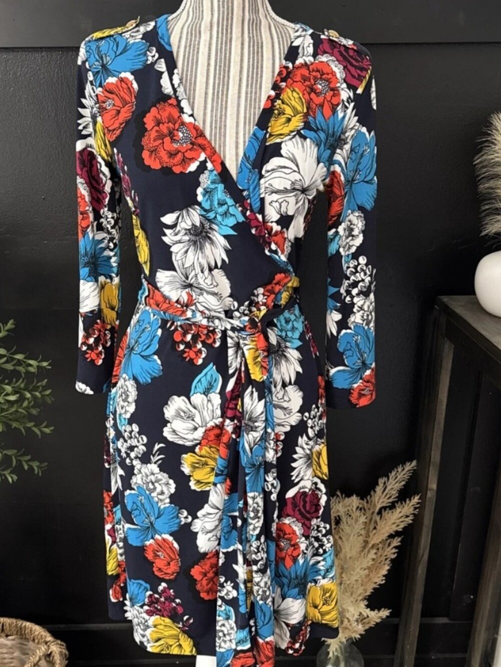 508-Banana Republic Navy Floral Wrap Dress‎ - Red, Blue, Yellow, White